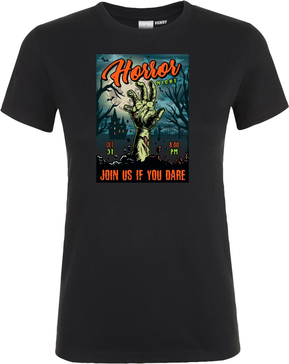 Dames t-shirt Halloween Horror Night | Halloween kostuum kind dames heren | verkleedkleren meisje jongen | Zwart | maat XS